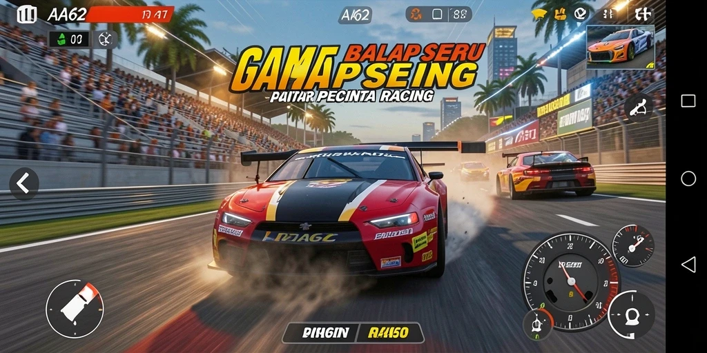 Screenshot gameplay AA62 menampilkan balapan yang mendebarkan.