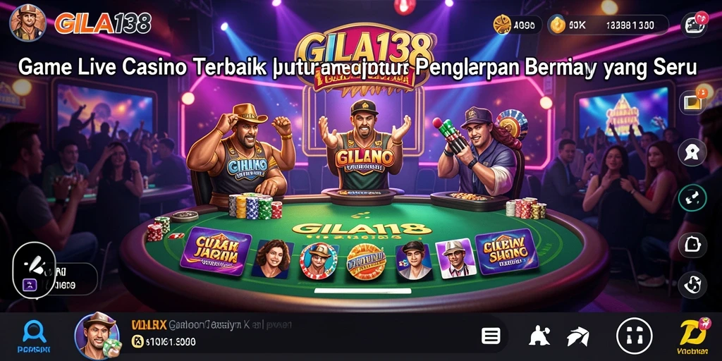 Screenshot gameplay Live Casino dengan dealer dan pemain berinteraksi.