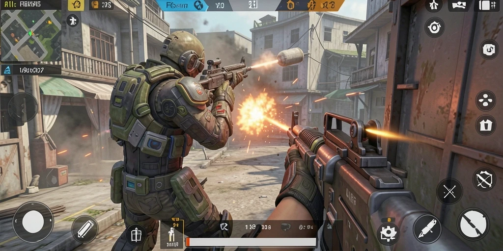 Tangkapan layar utama menunjukkan aksi intens dalam permainan FPS.