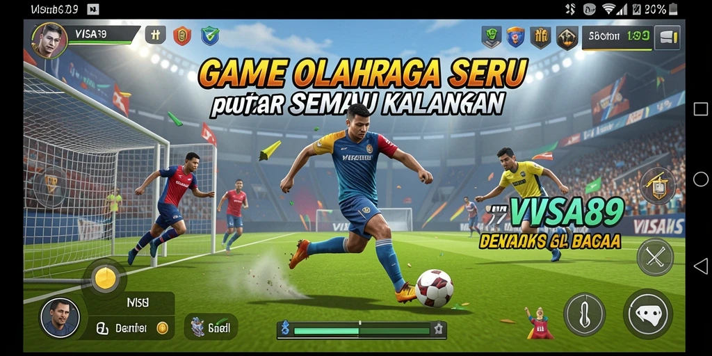 Screenshot utama VISA89 menampilkan pertandingan olahraga seru di arena.